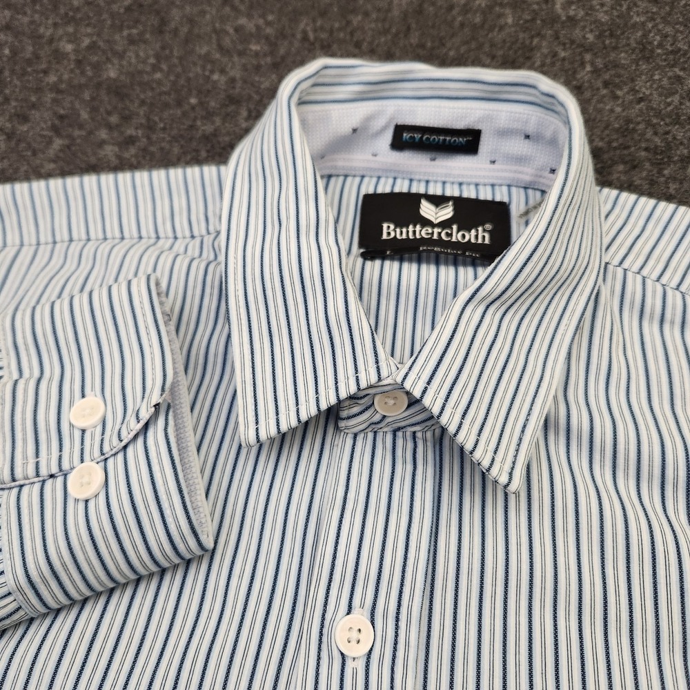 Buttercloth Mens Large Blue White Striped Icy Cotton Regular Fit Button Up Shirt